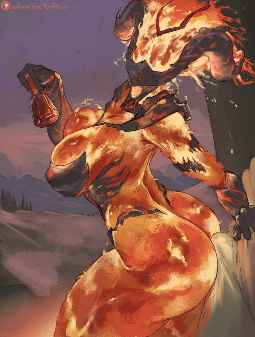 1boy 1girl absurdres artist_name ass black_horns breasts bulge buttjob closed_mouth duffmox elemental_(creature) erection erection_under_clothes fiery_hair fire fire_elemental flame_atronach flaming_head grinding hand_up highres holding_potion horns huge_ass large_breasts monster_girl outdoors potion the_elder_scrolls the_elder_scrolls_v:_skyrim thick_thighs thighs tree