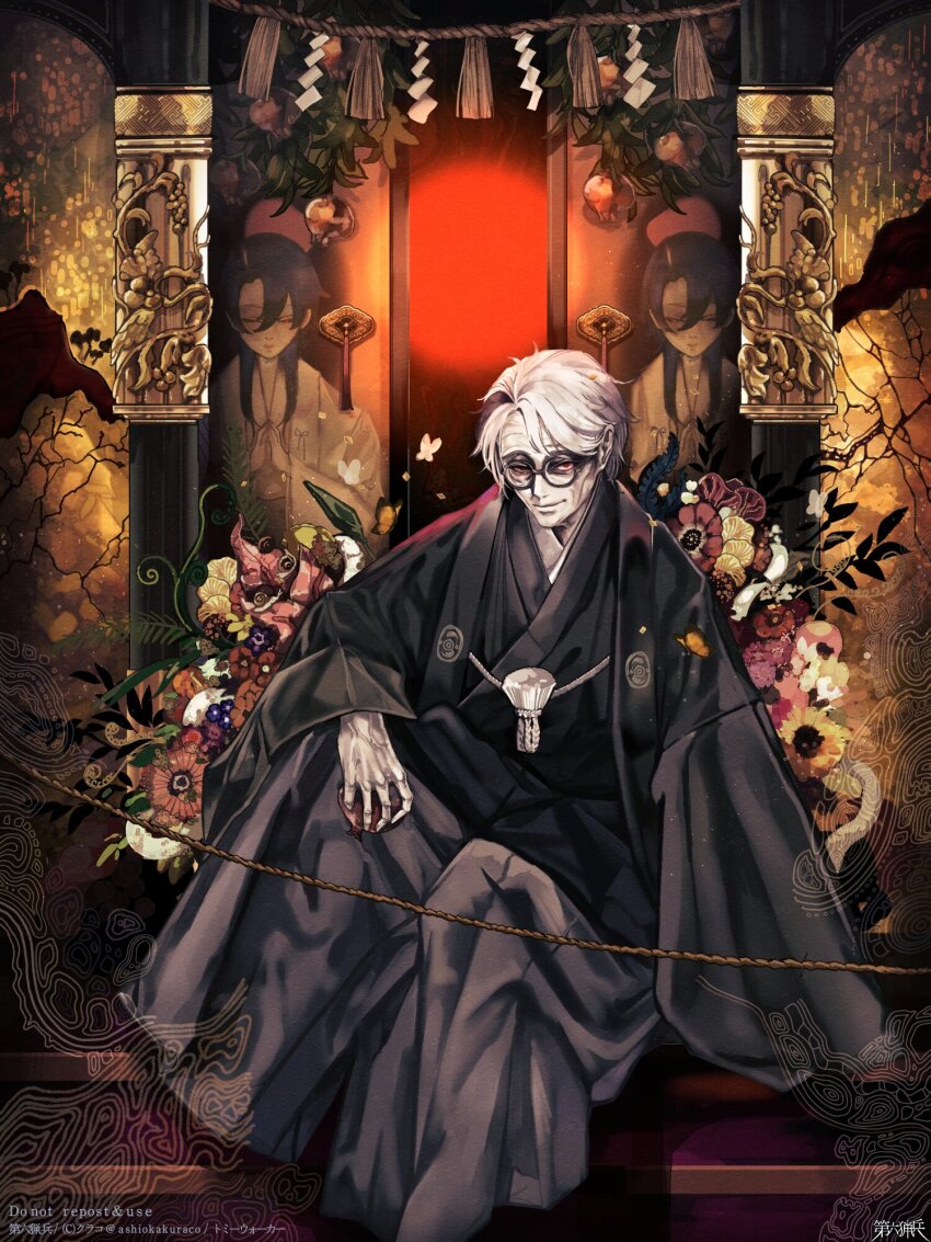 1boy aged_up akedori_ouma anemone_(flower) arm_support ashioka_kuraco black_hair black_jacket black_kimono dairoku_ryouhei feet_out_of_frame flower food fruit funeral funeral_kimono glasses grey_hakama hakama haori haori_himo highres holding holding_food holding_fruit jacket japanese_clothes kimono knee_up long_sleeves looking_at_viewer male_focus multicolored_hair obi old old_man pale_skin pillar pomegranate portrait_(object) purple_flower red_eyes red_flower rope round_eyewear sash shide short_hair sitting sliding_doors smile snake solo streaked_hair swept_bangs white_flower white_hair white_snake wrinkled_skin yellow_flower