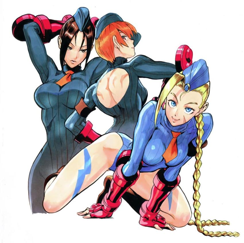 3girls ahoge all_fours arms_behind_head arms_up back_cutout blonde_hair blue_eyes bodysuit boots braid breasts brown_eyes brown_hair cammy_white camouflage closed_mouth clothing_cutout commentary expressionless facial_scar fingerless_gloves full_body garrison_cap gloves hat highleg highleg_leotard highres juli_(street_fighter) juni_(street_fighter) knee_boots leotard lips long_hair long_sleeves looking_at_viewer looking_back medium_breasts multiple_girls murata_yuusuke necktie orange_hair parted_bangs scar scar_on_cheek scar_on_face shadaloo_dolls shiny_skin short_hair simple_background skin_tight smile street_fighter street_fighter_zero_(series) turtleneck twin_braids twintails white_background
