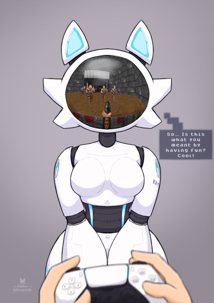 animal_ears breasts cat_ears controller doom_(series) doom_i english_text game_console game_controller game_screenshot_inset grey_background highres holding holding_controller holding_game_controller humanoid_robot it_runs_doom_(meme) looking_at_viewer meme monitor original playing_games playstation_5 playstation_controller pov raz_dl robot simple_background standing