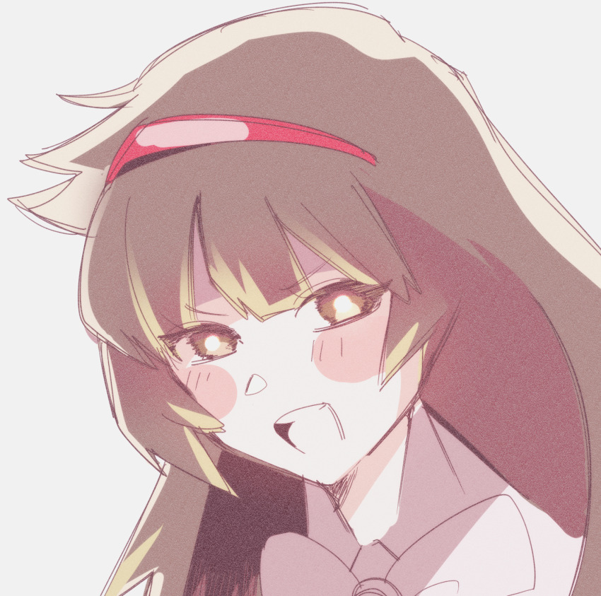 1girl blush bow bowtie brown_eyes brown_hair collared_shirt cowlick highres library_of_ruina looking_at_viewer madotsuki_ren malkuth_(project_moon) open_mouth portrait project_moon shirt simple_background smile solo white_background