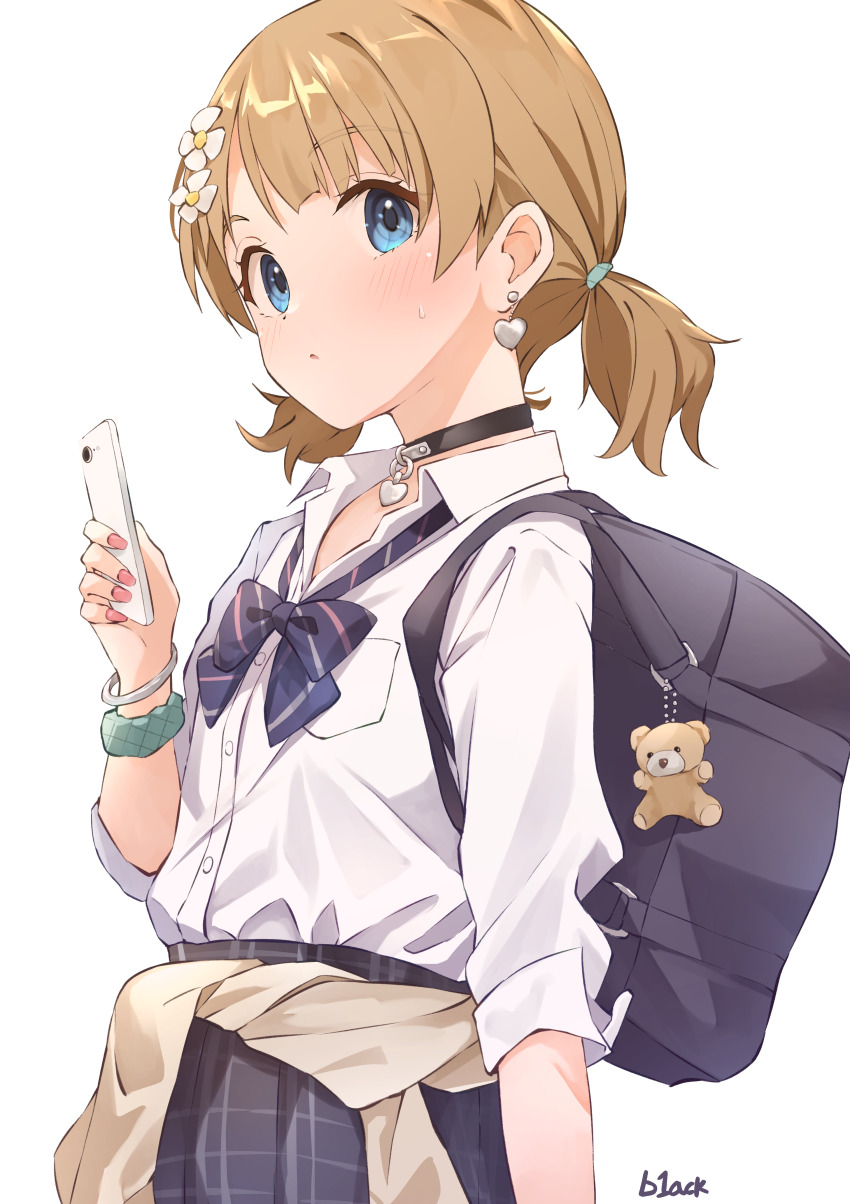 1girl absurdres arm_at_side artist_name b1ack_illust bag bag_charm bear_charm black_choker black_skirt blue_bow blue_bowtie blue_eyes blush bow bowtie bracelet brown_cardigan brown_hair cardigan cardigan_around_waist cellphone charm_(object) choker clothes_around_waist commentary concept_gyarus_(idolmaster) diagonal-striped_bow diagonal-striped_bowtie diagonal-striped_clothes earrings fingernails flower gyaru hair_flower hair_ornament heart heart_earrings highres holding holding_phone idolmaster idolmaster_million_live! idolmaster_million_live!_theater_days jewelry kogal looking_at_viewer loose_bowtie nail_polish open_collar phone pleated_skirt school_bag school_uniform scrunchie shirt shirt_tucked_in short_twintails simple_background skirt solo striped_clothes suou_momoko sweatdrop twintails upper_body white_background white_shirt wrist_scrunchie