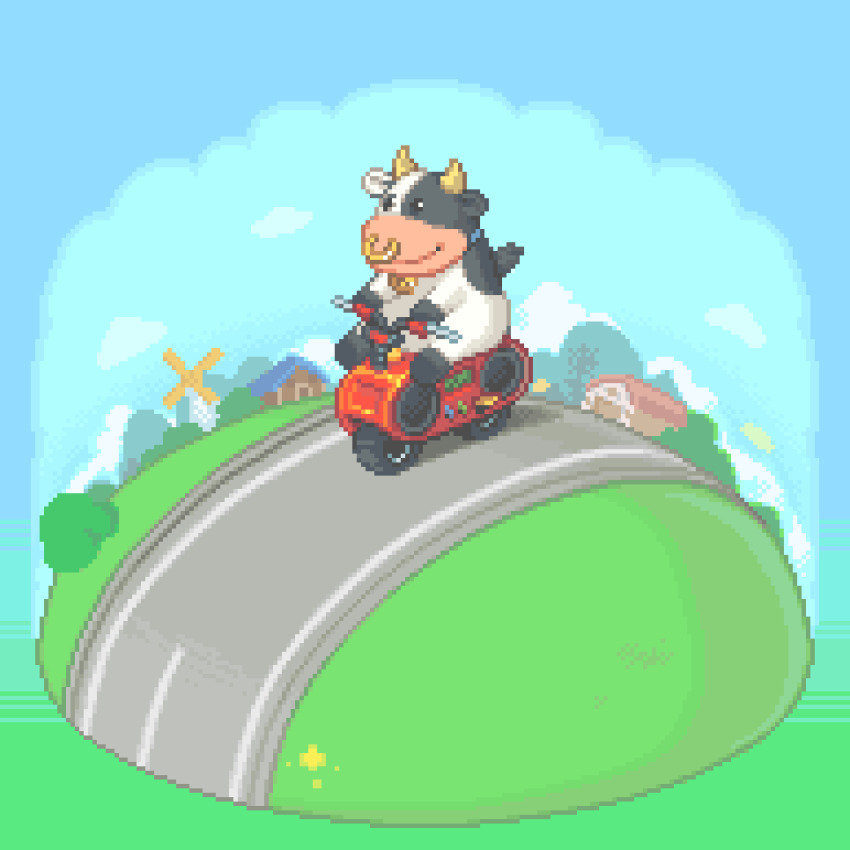 amour_(cloudtrumpets) animated animated_gif barn bell blue_sky bush cow day face_piercing grass mario_(series) mario_kart mario_kart_world moo_moo_(mario) motor_vehicle motorcycle nintendo no_humans nose_piercing nose_ring outdoors piercing pixel_art rally_bike_(mario_kart_world) sky smile solo windmill
