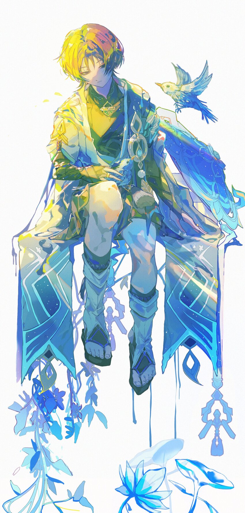 1boy absurdres bird bird_on_lap bishounen cape closed_mouth color_contrast dfish2_0 foot_dangle full_body genshin_impact glint half-closed_eyes hat highres invisible_chair male_focus no_headwear scaramouche_(genshin_impact) short_hair sidelighting simple_background sitting solo toeless_footwear unworn_headwear wanderer_(genshin_impact) white_background