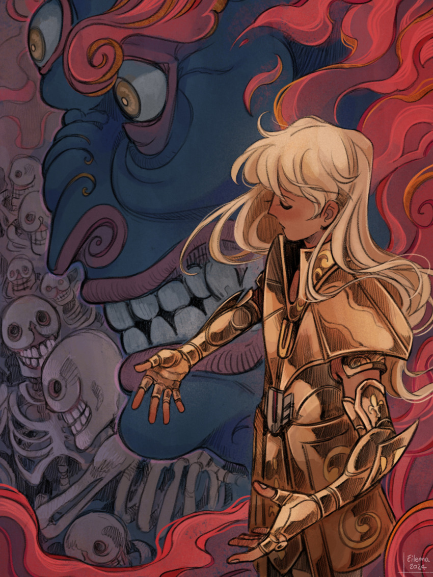 2boys ameliecausse androgynous animal_nose armor blonde_hair blue_skin buddhism clenched_teeth closed_eyes colored_skin demon fiery_hair fire from_side gold_armor gold_cloth gold_saint hands_up highres long_hair male_focus mara_(buddhism) multiple_boys parted_lips profile saint_seiya skeleton solo_focus teeth third_eye u_u virgo_shaka yellow_eyes