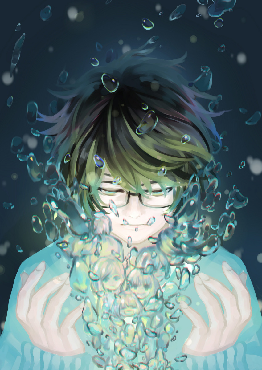 1boy absurdres air_bubble black-framed_eyewear black_hair bubble closed_eyes facing_viewer hands_up highres kawamoto_akari kawamoto_hinata kawamoto_momo kiriyama_rei male_focus nikaidou_harunobu sangatsu_no_lion solo_focus sougentatata underwater upper_body