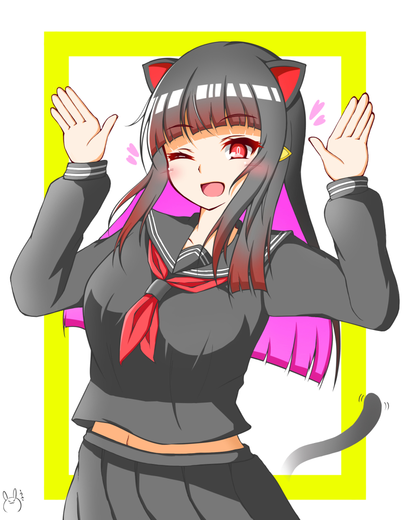 1girl absurdres animal_ears black_hair black_serafuku black_shirt black_skirt blush breasts cat_ears cat_girl commentary_request envy_cat_walk_(vocaloid) hatsune_miku hatsune_miku_(chat_noir) highres large_breasts long_hair looking_at_viewer midriff_peek navel neckerchief nissannaoaka official_alternate_hair_color one_eye_closed pleated_skirt project_diva_(series) red_eyes red_neckerchief school_uniform serafuku shirt skirt solo vocaloid