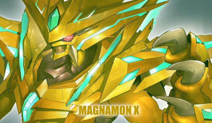 alternate_form armor bly_mead character_name chest_jewel colored_skin digimon digimon_(creature) fewer_digits forehead_jewel gold_armor gold_helmet highres looking_at_viewer magnamon_x-antibody orange_skin red_eyes shoulder_armor solo upper_body