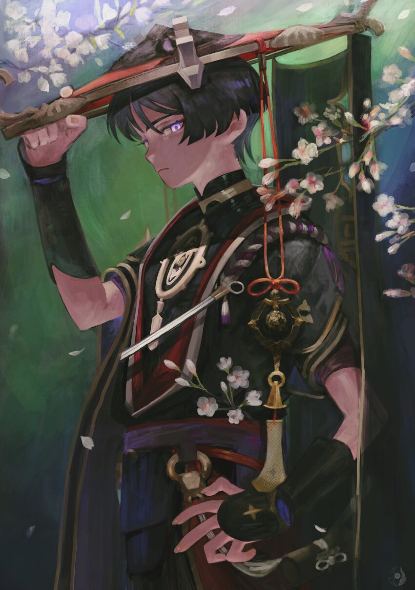 1boy absurdres armor black_bodysuit black_hair black_kimono black_sleeves black_veil blunt_ends bodysuit falling_petals flower genshin_impact gold hand_up hat highres holding holding_unworn_clothes holding_unworn_hat japanese_armor japanese_clothes jewelry jingasa kimono kote kurokote layered_sleeves looking_at_viewer male_focus mandarin_collar mask mask_on_hat mitsudomoe_(shape) neck_ring o-ring open_clothes open_hand open_kimono parted_bangs petals pink_eyes plant purple_rope purple_sash purple_sleeves red_hat red_sash red_trim rope sash scaramouche_(genshin_impact) shimenawa short_sleeves solo tomoe_(symbol) unworn_hat unworn_headwear veil white_flower white_rope white_trim wide_sleeves yomotobi