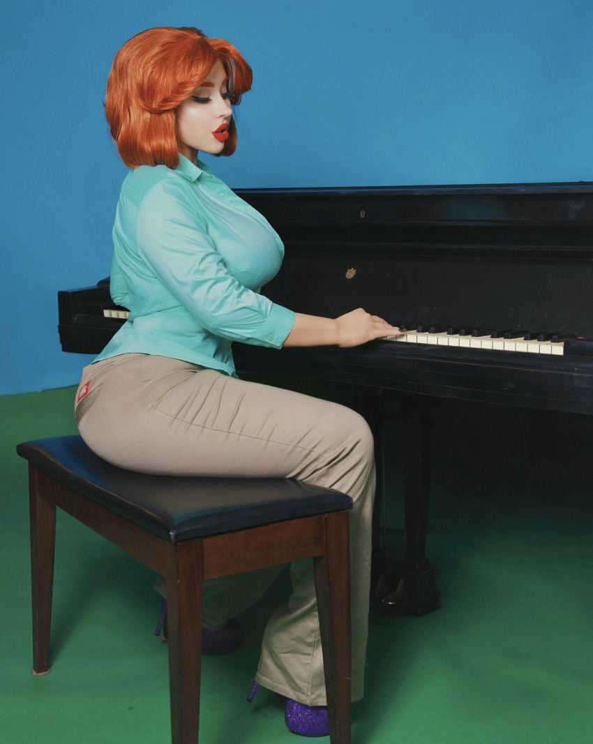 1girl 20th_century_fox bed blue_background blush_(makeup) breasts brown_pants buttons closed_eyes collared_shirt cosplay cosplay_photo dark_sky dress_shirt eyelashes eyeliner family_guy female_focus green_background green_shirt high_heels highres instrument large_breasts lips lipstick lois_griffin lois_griffin_(cosplay) makeup open_mouth pants photo_(medium) piano piano_bench piano_keys png_conversion purple_footwear red_hair red_lips shirt short_hair sitting solo source_request tagme tan_pants teeth thejulietttemichele thick_thighs thighs tree unbuttoned unbuttoned_shirt wide_hips wig