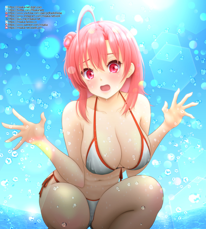 1girl ahoge belly bikini blush breasts cameltoe cleavage collarbone commentary_request day fanbox_username fisheye hair_bun halterneck hands_up highres horizon instagram_logo instagram_username large_breasts lens_flare looking_at_viewer medium_hair misaka-net navel open_mouth paid_reward_available patreon_username pink_eyes pink_hair pixiv_logo pixiv_username side-tie_bikini_bottom single_hair_bun single_side_bun sky solo squatting string_bikini swimsuit thighs twitter_logo twitter_username water white_bikini yahari_ore_no_seishun_lovecome_wa_machigatteiru. youtube_logo youtube_username yuigahama_yui