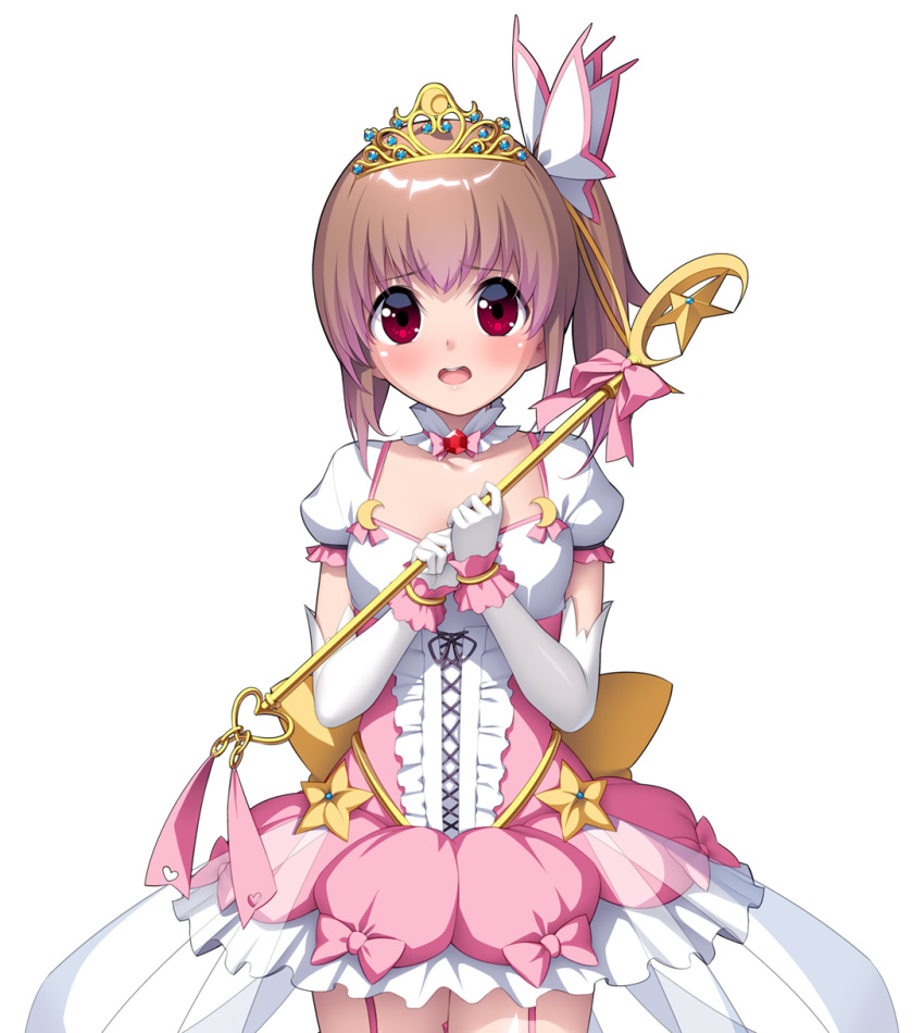 1girl blush bow breasts brown_hair choker cowboy_shot crescent detached_collar dress elbow_gloves frilled_dress frills game_cg garter_straps gloves gradient_hair hair_ornament highres holding holding_wand jewelry large_variant_set looking_at_viewer lunatic_angel magical_girl multicolored_hair nanao_(mahaya) non-web_source ochite_iku_seisenshi_lunatic_angels official_art open_mouth pink_bow pink_dress pink_hair pink_ribbon pink_thighhighs puffy_short_sleeves puffy_sleeves red_eyes ribbon shindou_makina short_sleeves side_ponytail simple_background skirt small_breasts solo staff standing star_(symbol) teeth thighhighs tiara transparent_background variant_set wand white_gloves white_thighhighs zettai_ryouiki