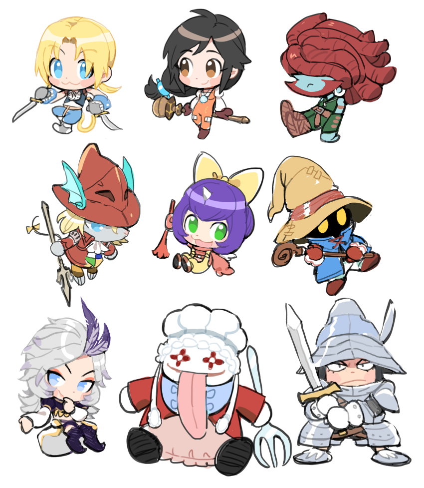 1other 3girls 5boys :3 adelbert_steiner armor ascot black_hair black_mage_(final_fantasy) blonde_hair blue_coat blue_eyes blue_skin bodysuit bow brown_eyes burmecian chef_hat chibi chibi_only coat colored_skin crystal dagger dede_(qwea_00000) detached_sleeves dreadlocks dual_wielding eiko_carol feather_hair_ornament feathers final_fantasy final_fantasy_ix fork freija_crescent frown full_armor furrowed_brow garnet_til_alexandros_xvii green_eyes green_pants green_sleeves green_vest grey_hair grey_skin hair_ornament hair_over_eyes hat helmet highres holding holding_dagger holding_fork holding_knife holding_polearm holding_staff holding_sword holding_weapon horns jewelry knife kuja light_blush long_hair low-tied_long_hair low_ponytail mouse_girl multiple_boys multiple_girls open_mouth orange_bodysuit overalls pants parted_bangs pendant plate_armor polearm ponytail purple_hair quina_quen red_coat red_hair red_helmet salamander_coral short_hair short_hair_with_long_locks shoulder_armor single_horn skirt smile staff sword tail tail_bow tail_ornament tongue tongue_out vest vivi_ornitier weapon white_ascot white_background white_skirt winged_helmet wizard_hat yellow_eyes yellow_overalls zidane_tribal
