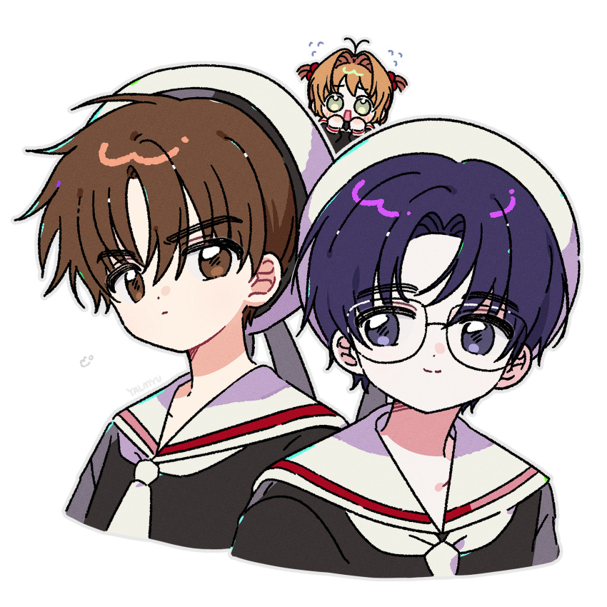 1girl 2boys artist_name black_shirt blush brown_eyes brown_hair cardcaptor_sakura closed_mouth cropped_shoulders flying_sweatdrops glasses green_eyes grey_outline hair_bobbles hair_ornament highres hiiragizawa_eriol kinomoto_sakura li_syaoran male_focus multiple_boys necktie open_mouth outline parted_bangs purple_eyes purple_hair sailor_collar school_uniform serafuku shirt short_hair simple_background smile two_side_up white_background white_necktie white_sailor_collar yalmyu