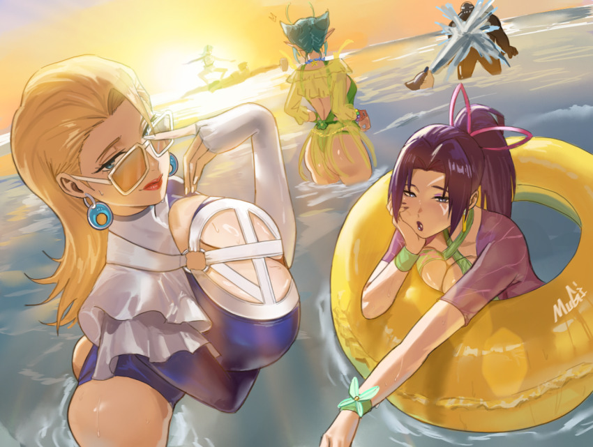 2boys 3girls alien antennae ass beach ben_grimm blonde_hair breasts butterfly_ornament cleavage curvy fantastic_four green_hair green_one-piece_swimsuit guardians_of_the_galaxy highleg highleg_one-piece_swimsuit jeff_(marvel) large_breasts mantis_(marvel) mantis_(oceanic_harmony)_(marvel) marvel marvel_rivals mugi_(mugit49) multiple_boys multiple_girls official_alternate_costume one-piece_swimsuit outdoors pointy_ears psylocke psylocke_(breezy_butterfly) purple_hair ribbon shark signature smile sue_storm sunglasses swimsuit symbiote teeth venom_(marvel) water western_comics_(style) wide_hips x-men