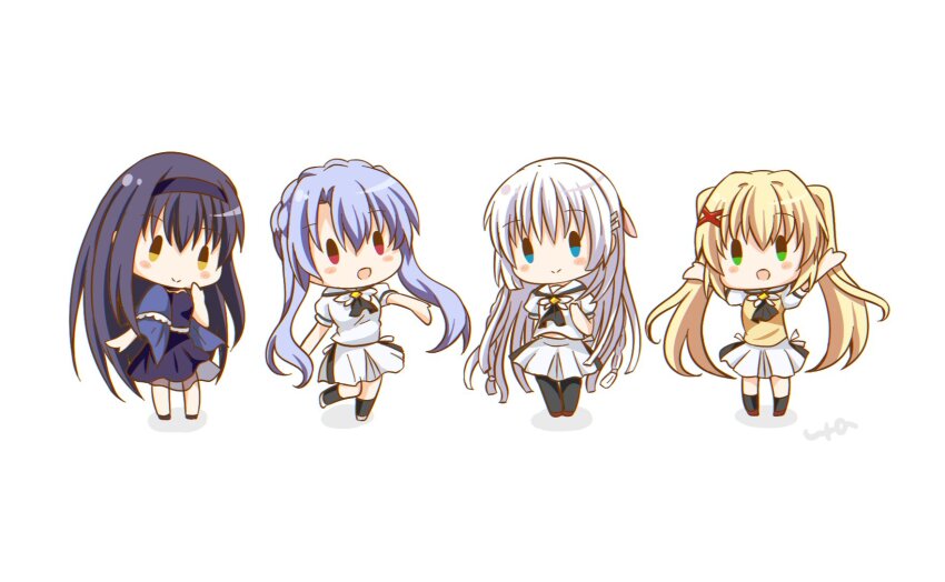 4girls ascot black_ascot black_hair black_hairband black_pantyhose black_shirt black_skirt black_socks blonde_hair blue_capelet blue_eyes blue_hair blush_stickers braid capelet chibi chibi_only closed_mouth commentary_request crown_braid frilled_capelet frills green_eyes hair_intakes hair_ornament hairband hand_up happy highres kneehighs kushima_kamome long_hair miniskirt multiple_girls naruse_shiroha open_mouth outstretched_arms pantyhose red_eyes sailor_collar school_uniform serafuku shirt side-by-side sidelocks signature simple_background skirt smile socks sorakado_ao split_mouth standing standing_on_one_leg summer_pockets summer_pockets_school_uniform sweater_vest tsumugi_wenders twintails ura_(ura-tennislove) very_long_hair white_background white_hair white_sailor_collar white_serafuku white_skirt x_hair_ornament yellow_eyes yellow_sweater_vest |_|