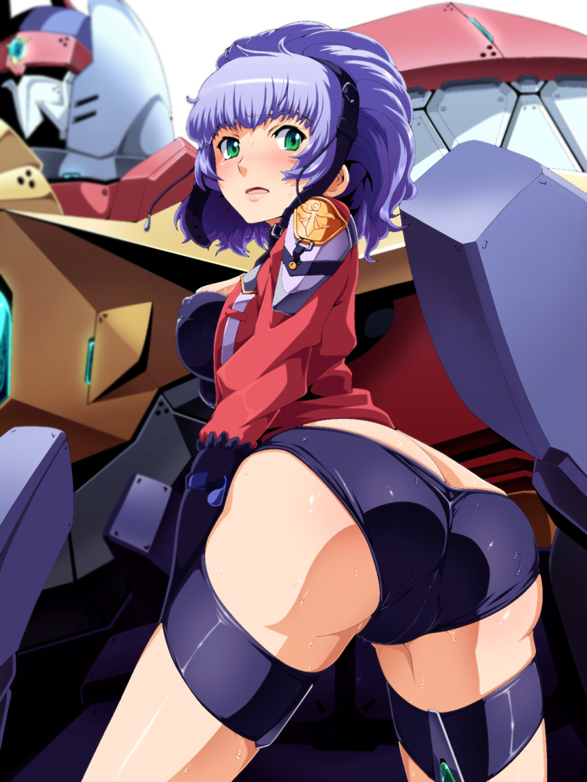 1girl aqua_centolm ass black_gloves blush breasts butt_crack elbow_gloves female_focus from_behind garmraid gloves green_eyes hair_ornament highres huge_ass jacket leotard looking_at_viewer looking_back medium_breasts open_mouth parted_lips purple_hair red_jacket short_hair sideboob solo standing super_robot_wars super_robot_wars_original_generation sweat tabigarasu thigh_strap trefoil uniform