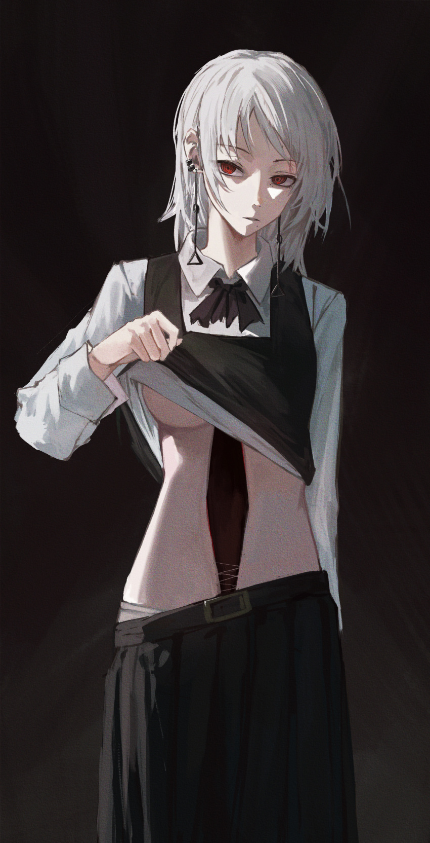 1girl absurdres black_background black_skirt breasts chainsaw_man clothes_lift collared_shirt commentary_request death_devil_(chainsaw_man) deep_wound earrings fami_(chainsaw_man) fourth_east_high_school_uniform grey_hair haimaotuanzi highres injury jewelry lifting_own_clothes long_sleeves medium_breasts medium_hair panties panty_peek red_eyes school_uniform shirt shirt_lift skirt solo spoilers underboob underwear white_shirt