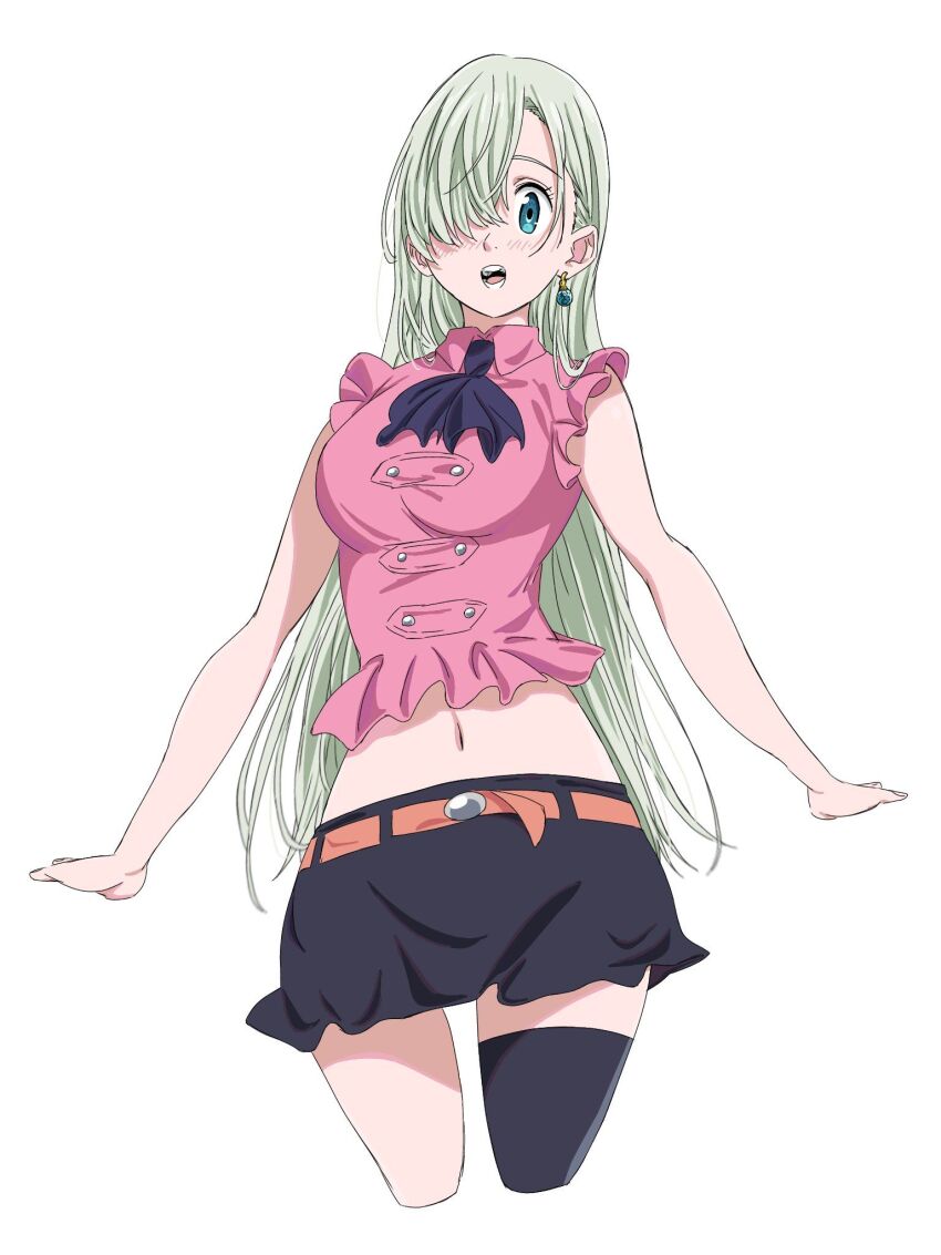 ascot asymmetrical_bangs bare_arms belt black_skirt black_thighhighs blonde_hair blouse blue_ascot blue_eyes breasts collared_shirt commentary_request cropped_shirt earrings elizabeth_liones eyelashes frilled_shirt frilled_skirt frilled_sleeves frills hair_over_one_eye highres jewelry korean_commentary large_breasts light_blush long_hair looking_at_viewer microskirt midriff nanatsu_no_taizai navel open_mouth orange_belt pink_shirt shirt short_sleeves simple_background single_earring single_thighhigh skirt smile sphere_earrings tareme teeth thighhighs to9_722 very_long_hair white_background