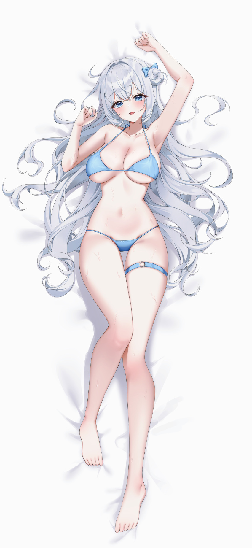 1girl absurdres arm_up armpits bare_legs bare_shoulders barefoot bed_sheet bikini blue_bikini blue_eyes bow breasts cleavage commentary_request commission dakimakura_(medium) feet hair_bow hair_bun hair_spread_out halterneck hand_up harin_(byeolbich) highres korean_commentary large_breasts long_hair looking_at_viewer lying navel on_back open_mouth original revision second-party_source simple_background single_side_bun smile solo soymilk_arts2 stomach strap_gap string_bikini swimsuit thigh_gap thigh_strap toes very_long_hair wet white_background white_hair