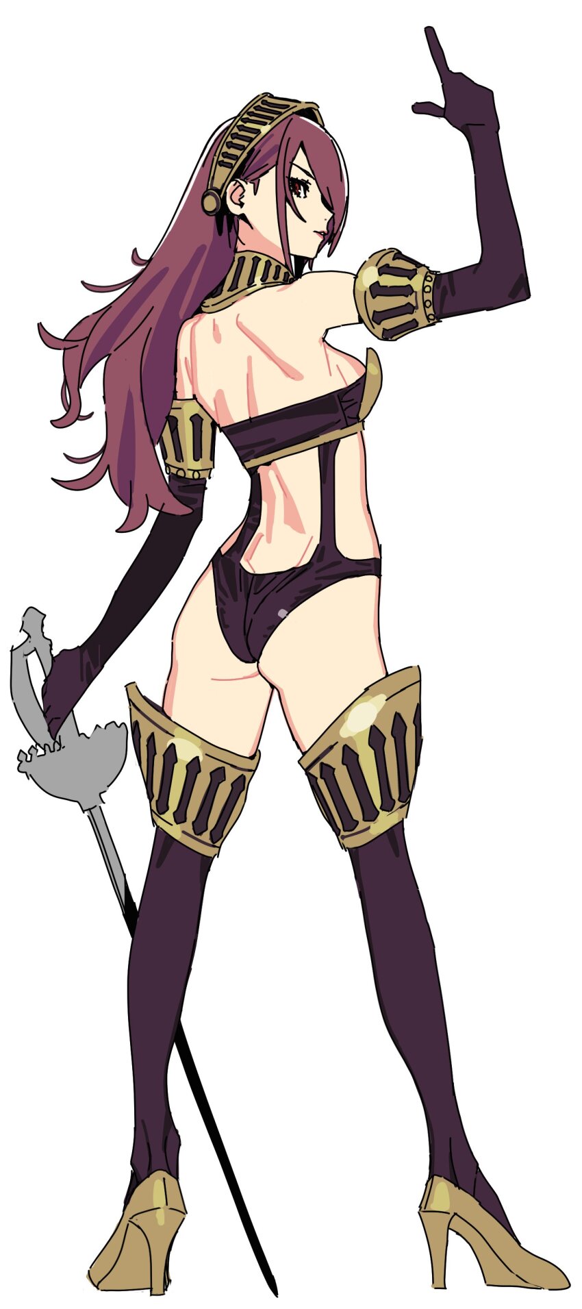 1girl absurdres ass boots brown_hair elbow_gloves from_behind full_body gloves high-cut_armor_(persona) high_heel_boots high_heels highres imamura_ryou kirijou_mitsuru lips long_hair looking_at_viewer looking_back parted_lips persona persona_3 profile rapier red_eyes simple_background solo standing sword thigh_boots weapon white_background