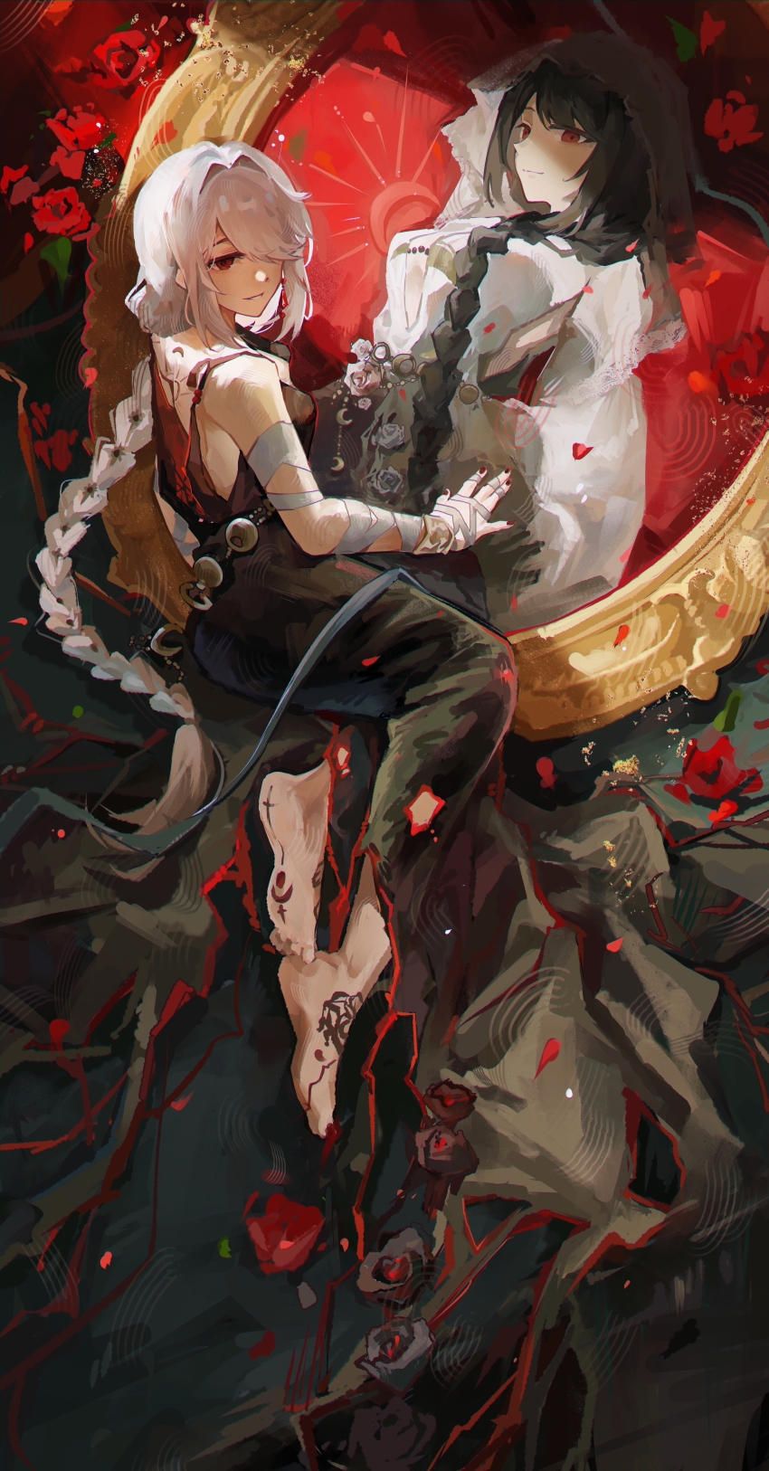 1girl absurdres back_tattoo bandaged_arm bandages bare_shoulders barefoot black_background braid dress flower foot_tattoo from_above full_body grin hair_over_one_eye highres long_braid long_dress long_hair looking_at_viewer official_alternate_costume one_eye_covered picture_frame portrait_(object) red_eyes red_flower red_nails reverse:1999 san_sui_dingshang_ya semmelweis_(reverse:1999) single_braid sitting sleeveless sleeveless_dress smile solo tattoo torn_clothes torn_dress very_long_hair white_hair yokozuwari