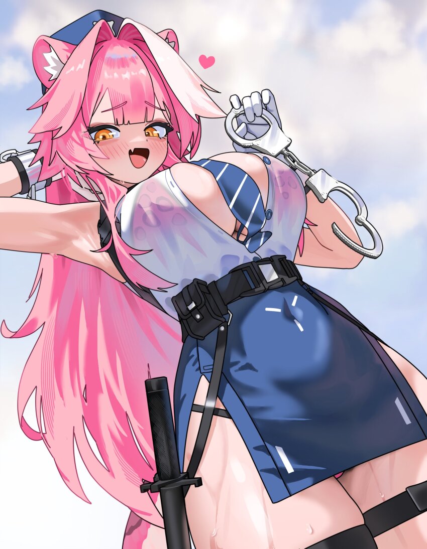 1girl alternate_costume animal_ears baton_(weapon) bikini bikini_visible_through_clothes blue_necktie blue_skirt breasts cuffs gurumie handcuffs highres holding holding_handcuffs hololive hololive_english large_breasts necktie open_mouth panther_ears panther_girl panther_tail pink_bikini pink_hair police police_uniform policewoman raora_panthera shirt side_slit skirt sleeveless sleeveless_shirt solo swimsuit tail virtual_youtuber weapon yellow_eyes