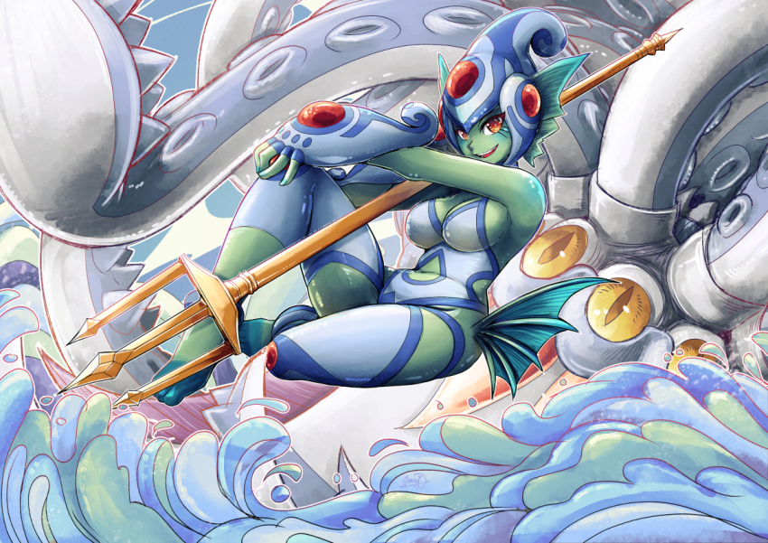 calamaramon colored_skin digimon digimon_(creature) digimon_frontier fins frog_girl gensox green_skin head_fins helmet looking_at_viewer monster_girl polearm ranamon red_eyes smile tentacles trident water weapon yellow_eyes