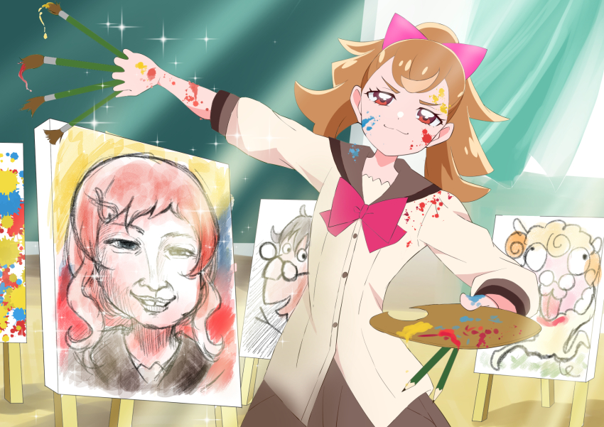 1girl art_room brown_hair classroom closed_mouth color_guide curtains glasses hair_ornament hair_ribbon hairpin high_ponytail highres holding holding_brush inukai_iroha inukai_komugi kue4165 long_hair long_sleeves mey_mey neck orange_hair paintbrush painting_(medium) paint_palette pencil ponytail portrait portrait_(object) precure red_eyes ribbon school_uniform sheep slang smug splashing standing teeth toyama_satoru traditional_media upper_teeth_only wonderful_precure!