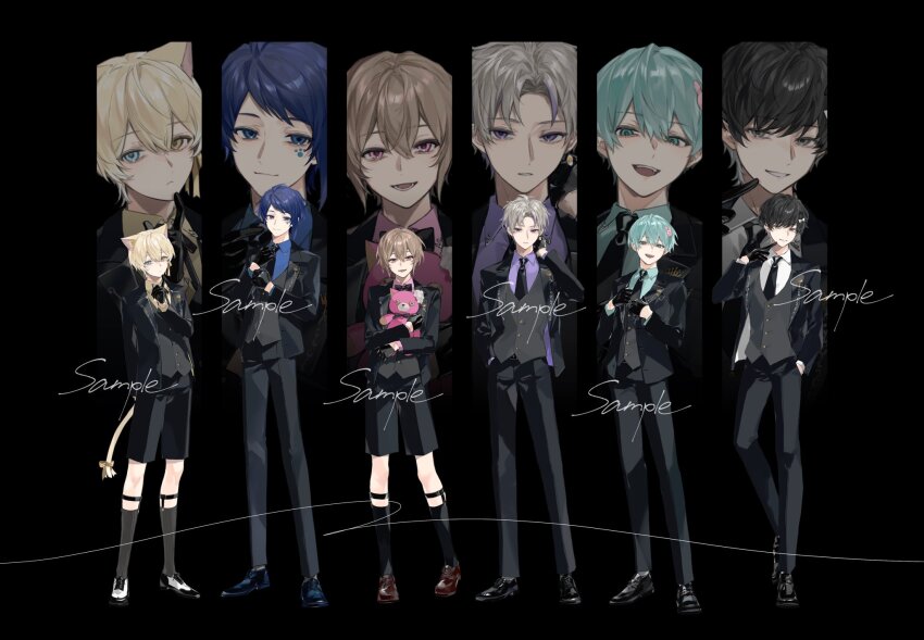 6+boys :/ :d adjusting_clothes adjusting_gloves ama._(utaite) animal_ears aqua_eyes aqua_hair aqua_shirt arm_behind_back belt belt_buckle black_background black_belt black_bow black_bowtie black_gloves black_hair black_jacket black_necktie black_pants black_ribbon black_shoes black_shorts black_socks black_suit blonde_hair blue_eyes blue_hair blue_shirt bow bowtie brown_shoes buckle cat_boy cat_ears cat_tail closed_mouth collared_shirt cross-laced_shoes crown_(symbol) curtained_hair dress_pants dress_shoes earrings egg_earrings expressionless facial_tattoo finger_to_mouth formal_clothes full_body gloves grey_eyes grey_hair grey_socks grey_vest hair_between_eyes hair_ornament hairclip half_gloves hand_in_pocket hand_on_own_neck heterochromia highres holding holding_stuffed_toy hugging_object jacket jewelry kaguya13_ils kanata_(utaite) komugiko_(utaite) lapel_pin lapels legwear_garter lineup long_sleeves looking_at_viewer male_focus masatoshi_(utaite) monk_shoes multicolored_hair multiple_boys neck_ribbon necktie notched_lapels official_art open_clothes open_jacket open_mouth oxfords pants parted_bangs parted_lips paw_print paw_tattoo pink_eyes pink_hair pink_shirt purple_eyes purple_hair purple_shirt rabbit_hair_ornament re:_(utaite) ribbon saddle_shoes sample_watermark seven&#039;s_proud shirt shoes short_hair shorts simple_background single_earring smile socks standing streaked_hair stuffed_animal stuffed_cat stuffed_toy stuffing sueyoshi_kaki suit suit_jacket swept_bangs tail tail_bow tail_ornament tattoo traditional_bowtie utaite vest watermark white_shirt white_shoes yellow_eyes yellow_shirt zoom_layer