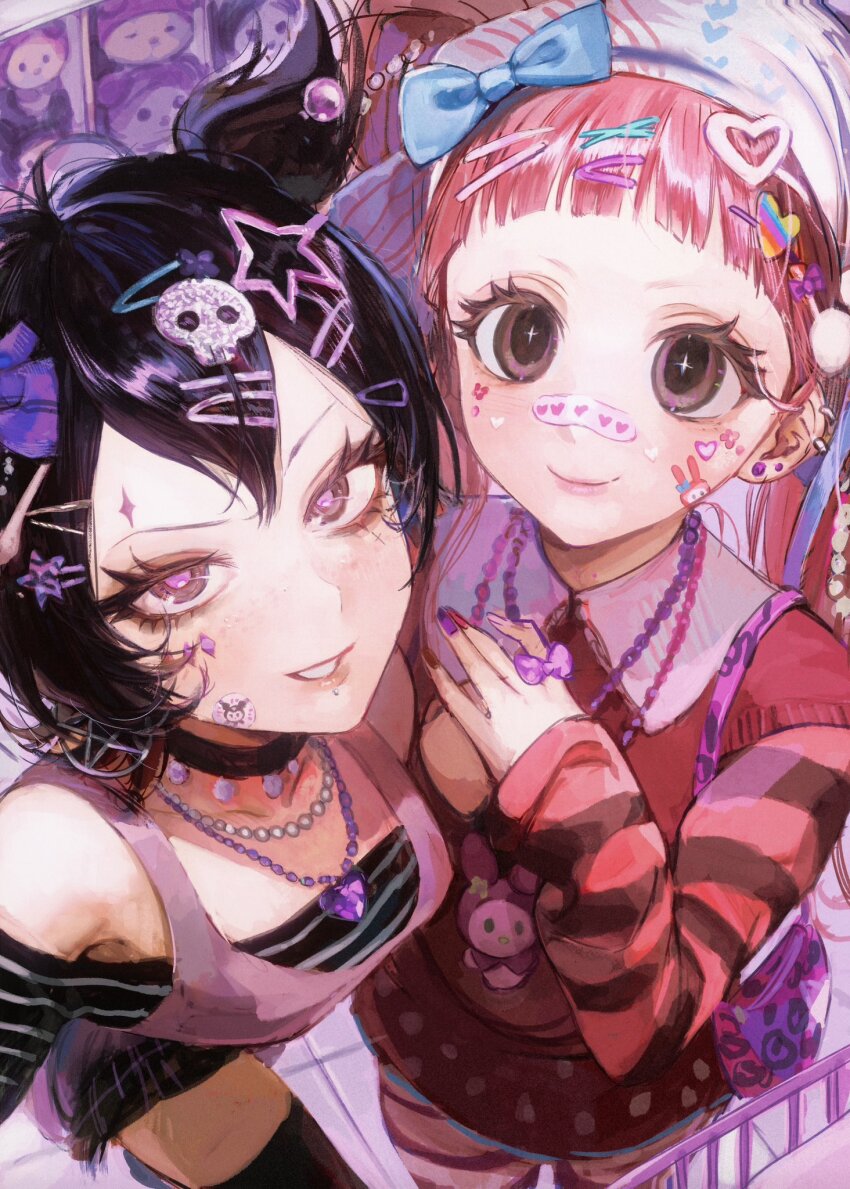2girls aegyo_sal bag bags_under_eyes bead_necklace beads black_hair bow character_doll decora e-girl earrings fashion from_above gem hair_bow hair_ornament handbag heart heart_necklace highres jewelry kuromi long_hair looking_at_viewer multiple_girls my_melody necklace onegai_my_melody original own_hands_together pentacle pink_eyes pink_hair purple_eyes purple_gemstone ring sanrio seapall short_hair short_twintails skirt sticker_on_face stuffed_toy thighhighs twintails zettai_ryouiki