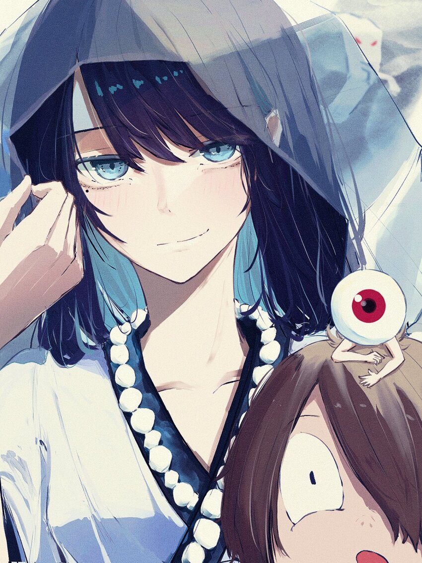 1boy 1girl ado_(utaite) blue_eyes blue_hair blush brown_hair chando_(ado) closed_mouth colored_inner_hair commentary gegege_no_kitarou highres kitarou looking_at_viewer medama_oyaji mole mole_under_eye multicolored_hair tanake_(tanakei_ado) two-tone_hair utaite veil