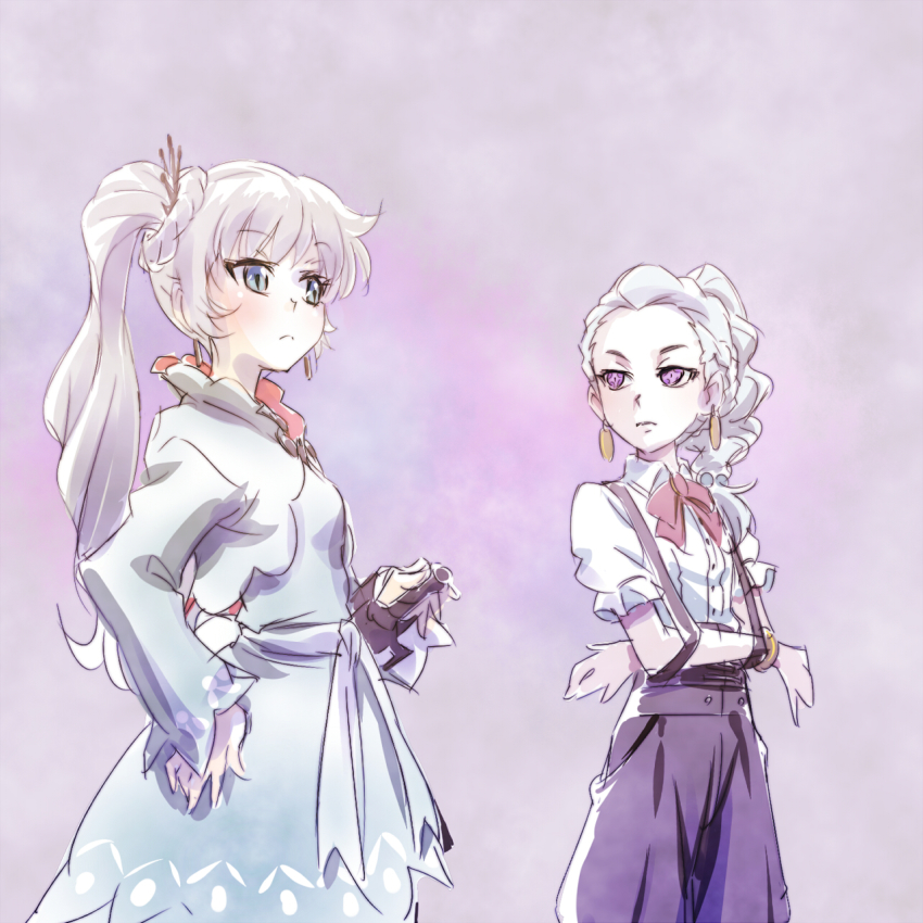 10s blue_eyes crossover death_parade earrings highres iesupa jewelry nona_(death_parade) purple_eyes rapier rwby side_ponytail suspenders sword weapon weiss_schnee white_hair