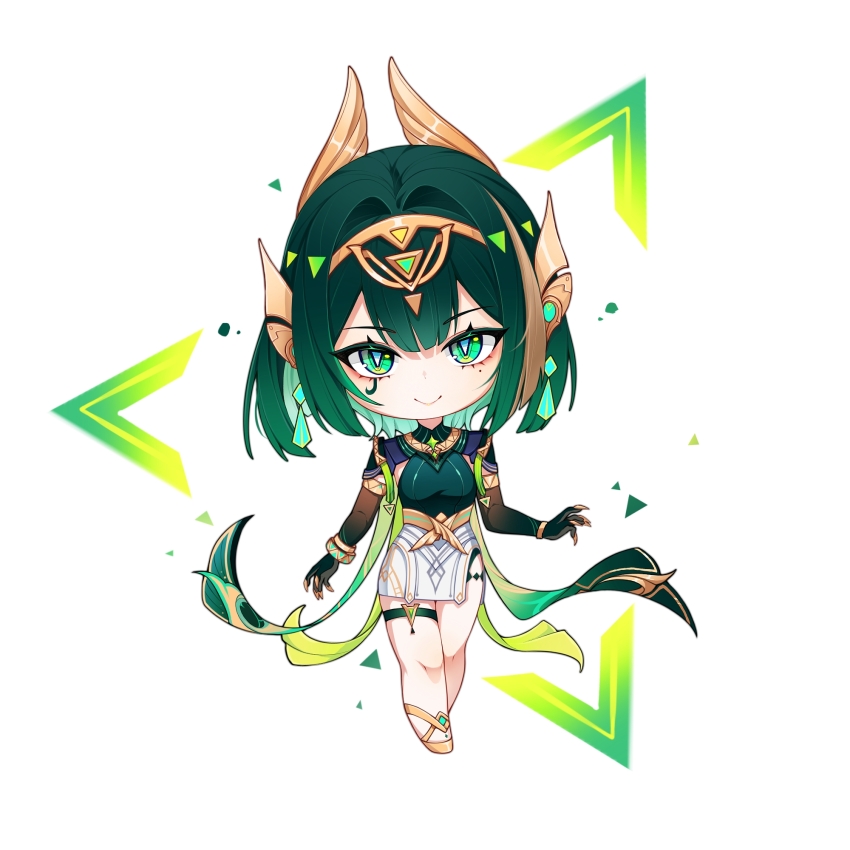 1girl black_gloves bright_pupils chibi elbow_gloves ellox facial_tattoo genshin_impact gloves green_eyes green_hair highres jewelry looking_at_viewer nefer_(genshin_impact) short_hair smile solo symbol-shaped_pupils tattoo triangle triangle-shaped_pupils white_background white_pupils