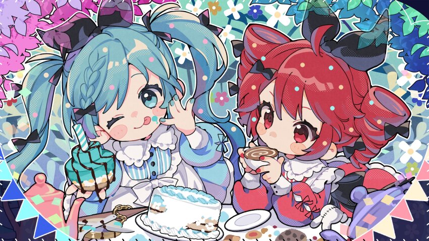 2girls ;p apron black_ribbon blue_dress blue_eyes blue_hair blue_nails blush_stickers cake closed_mouth coffee cup dress drill_hair drinking food hair_ribbon hatsune_miku highres holding holding_cake holding_cup holding_food jikuno kasane_teto long_hair long_sleeves looking_at_viewer missing_commentary multiple_girls nail_polish one_eye_closed plate red_dress red_eyes red_hair red_nails ribbon short_hair smile tongue tongue_out twin_drills twintails upper_body utau vocaloid white_apron yurie_mouth
