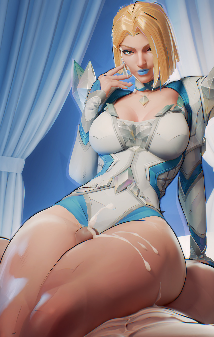 1boy 1girl 3d absurdres arm_support bare_legs blonde_hair blue_eyes blue_lips blue_nails breasts clothed_female_nude_male commentary cum cum_on_body cum_on_legs ejaculation emma_frost english_commentary fugtrup hair_over_one_eye hetero highres large_breasts looking_at_viewer marvel marvel_rivals narrow_waist nude penis pov short_hair solo_focus thigh_sex uncensored