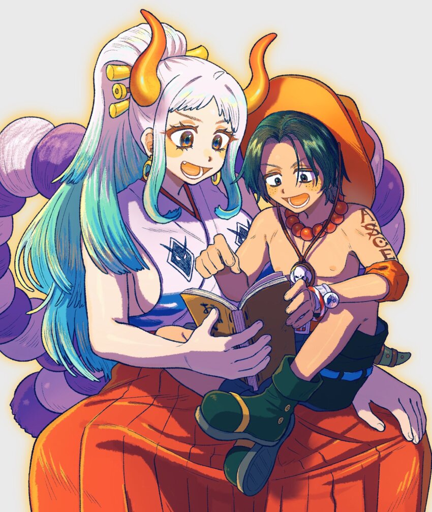 1boy 1girl aiwothx aqua_hair bead_necklace beads black_boots black_hair book boots breasts commentary_request eyelashes freckles gradient_hair hair_ornament hair_stick highres holding holding_book horns jewelry large_breasts long_hair multicolored_hair multiple_necklaces necklace nipples one_piece open_book open_mouth portgas_d._ace rope shimenawa sitting smile topless_male two-tone_hair white_background white_hair yamato_(one_piece)