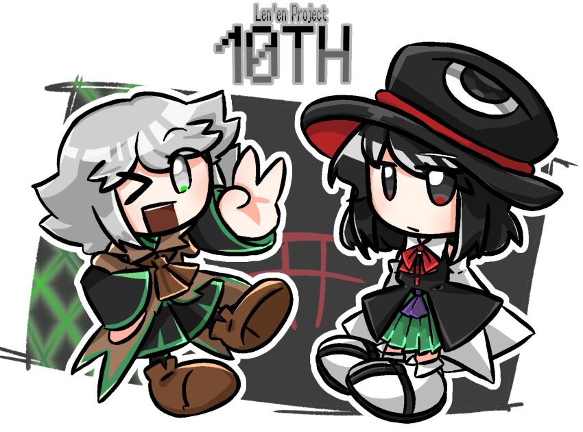 &gt;_o 2others androgynous ascot black_coat black_eyes black_hair black_headwear black_shirt black_shorts brown_ascot brown_coat brown_shoes chibi coat collared_shirt commentary copyright_name detached_sleeves english_text enraku_tsubakura green_hakama green_trim grey_eyes grey_hair hakama hakama_short_skirt hakama_skirt hand_on_own_hip hat highres houlen_yabusame japanese_clothes layered_sleeves len&#039;en long_hair long_sleeves medium_hair multiple_others neck_ribbon no_nose one_eye_closed open_mouth other_focus priswocaer puffy_short_sleeves puffy_sleeves red_ribbon ribbon sandals shirt shoes short_hair short_over_long_sleeves short_sleeves shorts skirt sleeveless sleeveless_coat sleeveless_shirt sleeves_past_fingers sleeves_past_wrists smile socks two-sided_fabric two-sided_headwear v white_shirt white_sleeves white_socks wide_sleeves