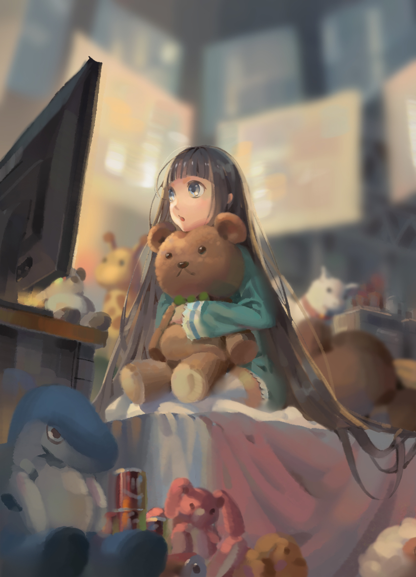 1girl :o absurdres bed black_hair blunt_bangs female_focus from_below hair_spread_out highres holding holding_stuffed_toy indoors kneeling long_hair long_sleeves original psi_(583278318) sitting solo stuffed_animal stuffed_toy teddy_bear television thighhighs very_long_hair white_thighhighs zettai_ryouiki