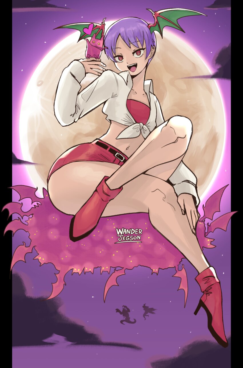 1girl absurdres animal animal_on_hand bandeau bat_(animal) bat_on_hand bat_wings belt bright_pupils cameo cloud collared_shirt crop_top cropped_shirt crossed_legs dark_clouds darkstalkers demon_girl demon_wings flat_chest flying front-tie_top full_moon hand_on_own_leg hand_up head_wings heart high_heels highres lilith_(darkstalkers) long_sleeves looking_at_viewer moon morrigan_aensland navel night official_alternate_costume open_mouth purple_hair purple_sky red_bandeau red_eyes red_footwear red_shorts red_wings shirt short_shorts shorts silhouette sitting_on_animal sky smile stiletto_heels strapless too_many too_many_bats tube_top wanderjegson white_pupils white_shirt wings lord_raptor
