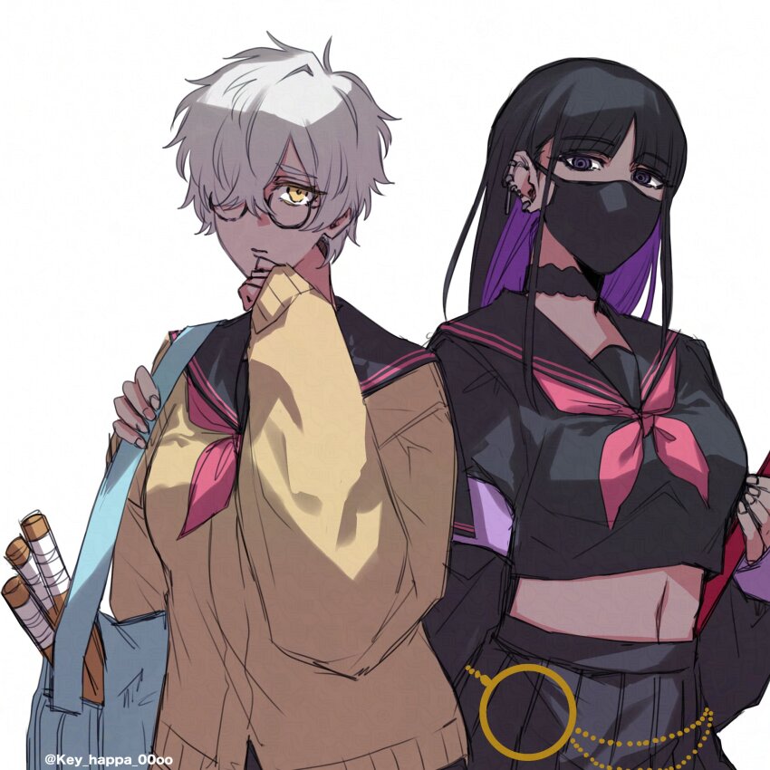 2girls bag belt black_choker black_eyes black_hair black_mask black_serafuku black_shirt black_skirt bleach blue_bag breasts cardigan choker closed_mouth cowboy_shot crop_top delinquent earrings glasses hair_over_one_eye hand_up highres jewelry key_happa_00oo kotetsu_isane kurotsuchi_nemu long_hair looking_at_viewer mask midriff mouth_mask multiple_earrings multiple_girls navel neckerchief o-ring o-ring_belt pleated_skirt red_neckerchief round_eyewear sailor_collar school_bag school_uniform serafuku shirt short_hair skirt sword twitter_username very_short_hair weapon white_background white_hair wooden_sword yellow_eyes