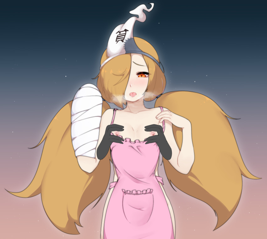 1boy 1girl apron artist_name bandaged_arm bandages binbougami_ga! blonde_hair breasts flat_chest ghost hair_over_one_eye hand_on_own_chest heavy_breathing highres implied_sex lewdishsnail momiji_(binbougami_ga!) naked_apron nipple_stimulation nipple_tweak nipples open_mouth orange_eyes small_breasts tongue tongue_out