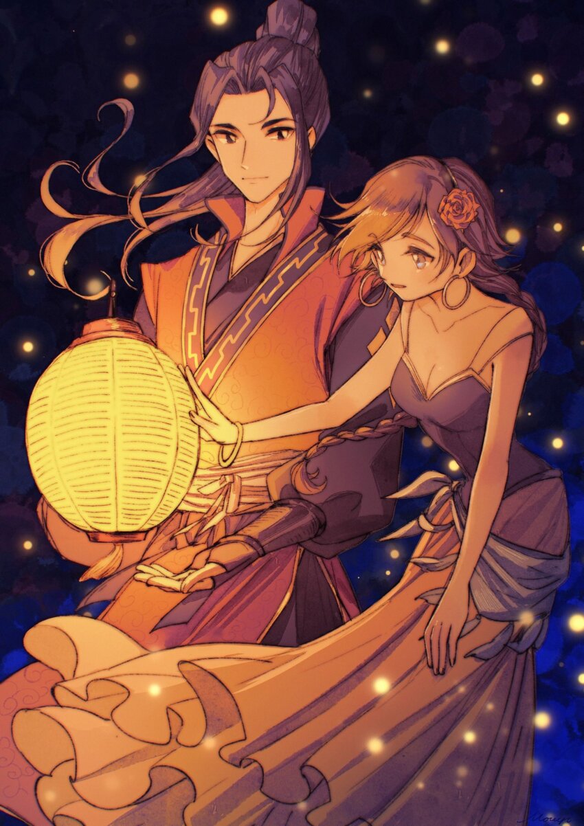 1boy 1girl agnea_bristarni black_eyes black_gloves black_hair bracelet braid braided_ponytail closed_mouth dress earrings feet_out_of_frame fingerless_gloves flower gloves hair_flower hair_ornament hairband high_ponytail highres hikari_ku japanese_clothes jewelry lantern long_hair mouyi night octopath_traveler octopath_traveler_ii paper_lantern ponytail sleeveless sleeveless_dress