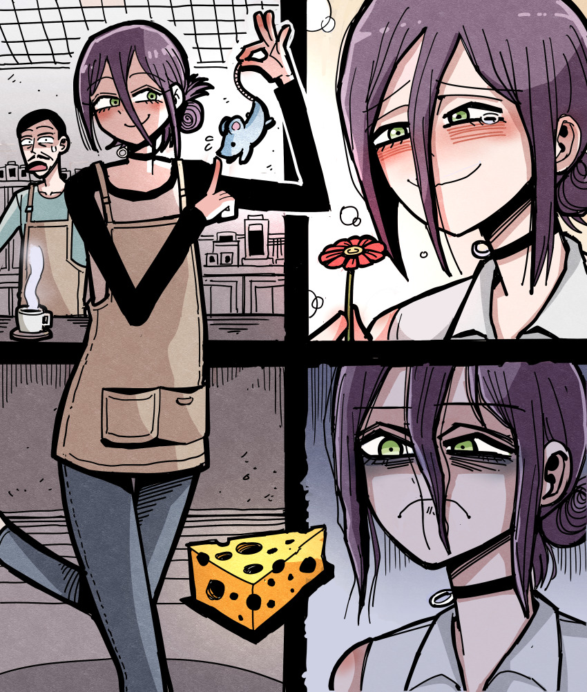 1boy 1girl absurdres animal apron black_choker black_hair blue_pants chainsaw_man cheese choker closed_mouth collared_shirt cup facial_hair flower food frown green_eyes grenade_pin grey_apron hair_between_eyes hair_bun hansoom_(latebirdwakeup) highres holding holding_animal holding_flower mouse_(animal) mug mustache open_mouth pants purple_hair red_flower reze_(chainsaw_man) shirt smile steaming_cup tearing_up white_shirt