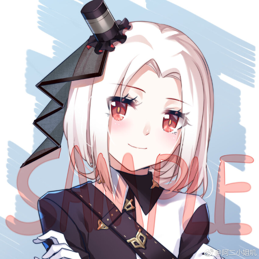 1girl aer_(tengqiu) alternate_costume black_dress blush closed_mouth crossed_arms dress english_text eyes_visible_through_hair forehead gloves hair_slicked_back hat long_sleeves looking_at_viewer mini_hat mini_top_hat parted_bangs red_eyes sample_watermark short_hair smile solo tilted_headwear top_hat upper_body veil vittorio_veneto_(warship_girls_r) warship_girls_r watermark weibo_watermark weibo_watermark white_gloves white_hair