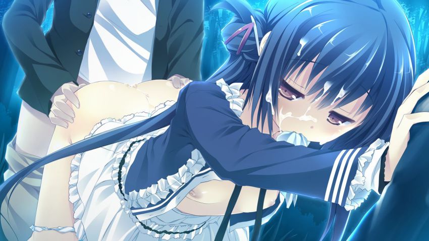 1boy 1girl bent_over breasts clover_(series) clover_days cum cum_on_body dutch_angle facial forest game_cg hetero long_hair nature nimura_yuuji nipples no_bra outdoors panties protagonist_(clover_days) saiga_(company) sex skirt small_breasts tagme takakura_anri underwear