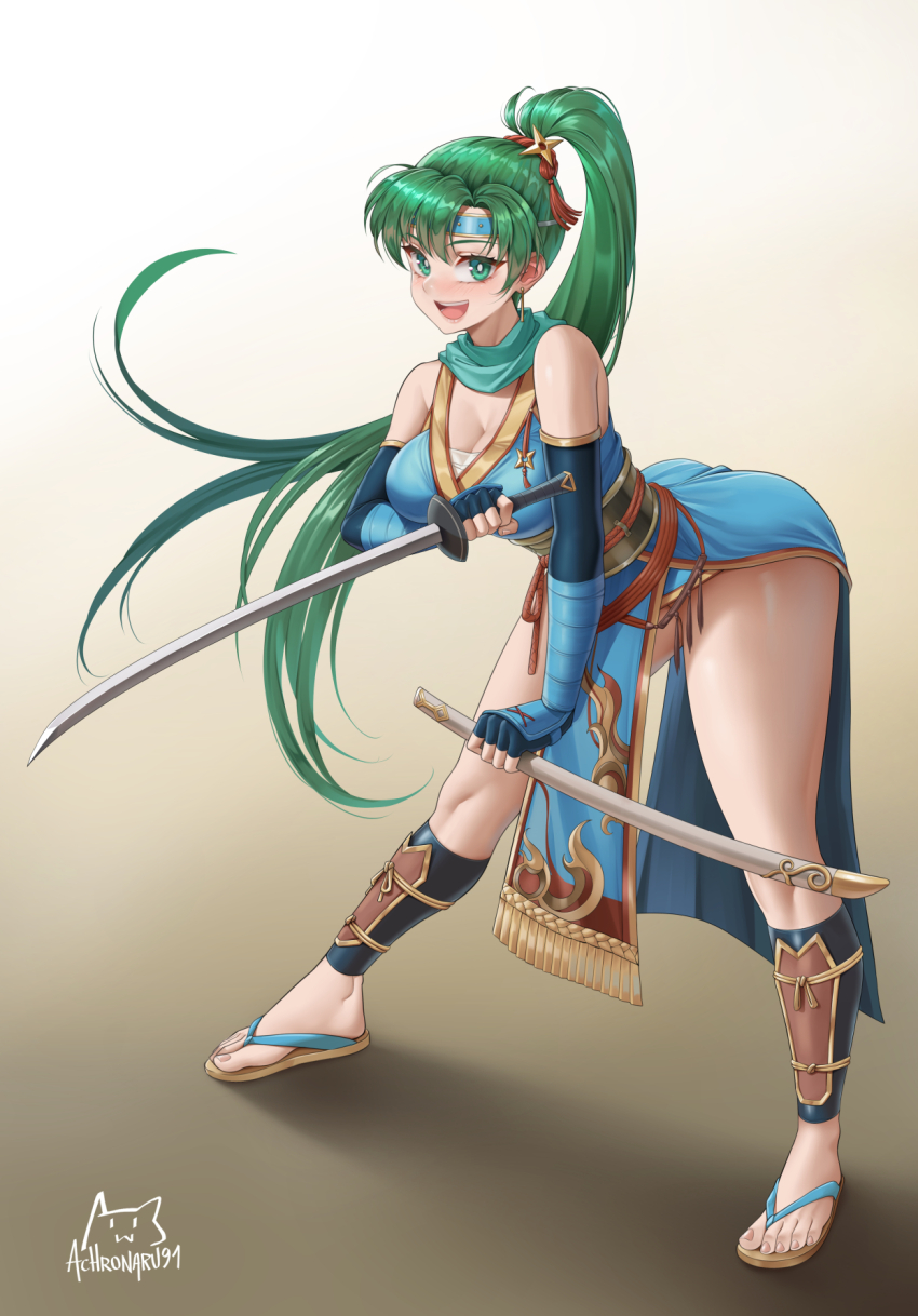 1girl achromaru aqua_eyes artist_name bare_shoulders breasts cleavage commentary commission fingerless_gloves fire_emblem fire_emblem:_the_blazing_blade fire_emblem_heroes full_body gloves gradient_background green_hair hair_ornament high_ponytail highres japanese_clothes leaning_forward long_hair looking_at_viewer lyn_(fire_emblem) lyn_(ninja)_(fire_emblem) medium_breasts ninja nintendo open_mouth pelvic_curtain ponytail reverse_grip sandals sheath shiny_skin shuriken_hair_ornament signature simple_background sleeveless smile sword thighs toeless_footwear toes weapon