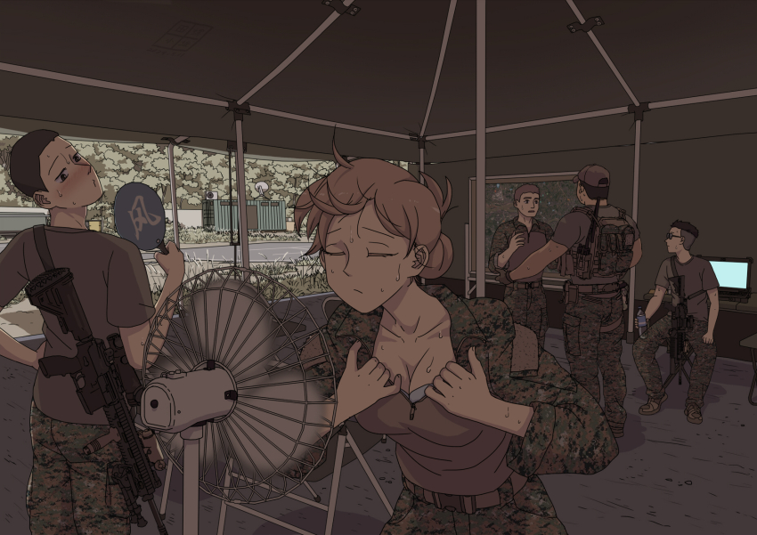 1girl 4boys baseball_cap black_hair black_shirt blonde_hair bottle breasts brown_hair brown_hat camouflage camouflage_shirt chair cleavage closed_eyes collarbone computer electric_fan etmc1992 facing_object gun gun_on_back hair_bun hand_fan hat highres holding holding_bottle holding_fan hot laptop load_bearing_vest long_sleeves looking_at_another military_combat_uniform military_uniform multiple_boys on_chair original rifle shirt short_sleeves single_hair_bun sitting soldier standing sweat t-shirt tactical_clothes tent undercut united_states_marine_corps water_bottle weapon weapon_on_back zipper