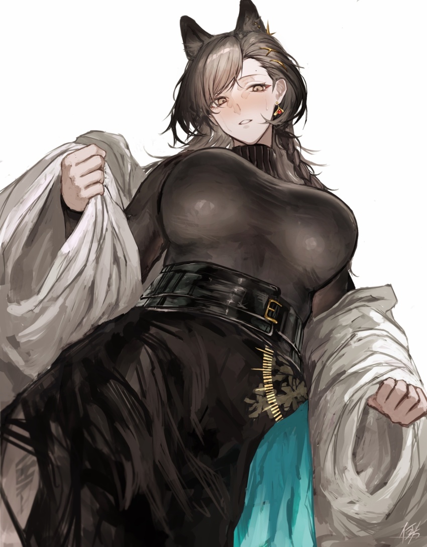 1girl animal_ear_fluff animal_ears arknights belt belt_buckle black_belt black_skirt black_sweater braid breasts brown_eyes brown_hair buckle donata_(donatasama) earrings extra_ears from_below hair_ornament highres huge_breasts jacket jewelry light_blush long_hair long_sleeves looking_at_viewer mature_female mole mole_above_eye mole_on_forehead parted_lips penance_(arknights) penance_(occasionally_flushed)_(arknights) simple_background skirt solo sweat sweatdrop sweater turtleneck turtleneck_sweater undressing white_background white_jacket wolf_ears wolf_girl