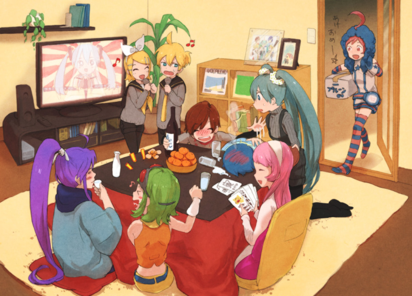 3boys 6+girls ahoge alternate_costume black_legwear blonde_hair blue_hair drunk everyone green_hair gumi hatsune_miku kagamine_len kagamine_rin kaito_(vocaloid) kamui_gakupo karaoke kotatsu long_hair megurine_luka meiko_(vocaloid) mitosa multiple_boys multiple_girls musical_note pantyhose pantyhose_under_shorts photo_(object) pink_hair ponytail purple_hair room sf-a2_miki short_hair shorts sitting striped_clothes striped_legwear striped_thighhighs table television thighhighs twintails vocaloid